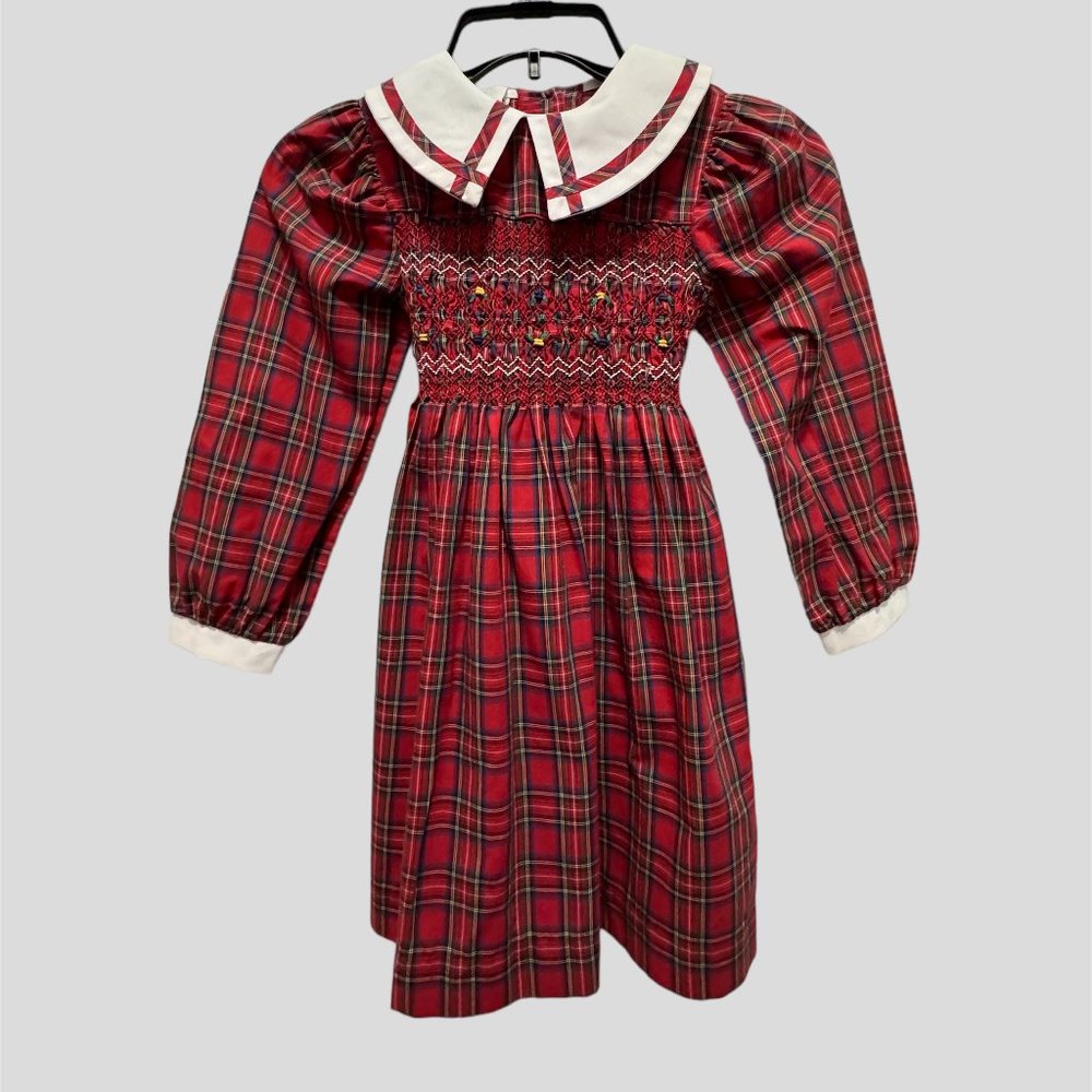 Polly Finders Red plaid smocked with plaid trimmed collar and tie bow 6X